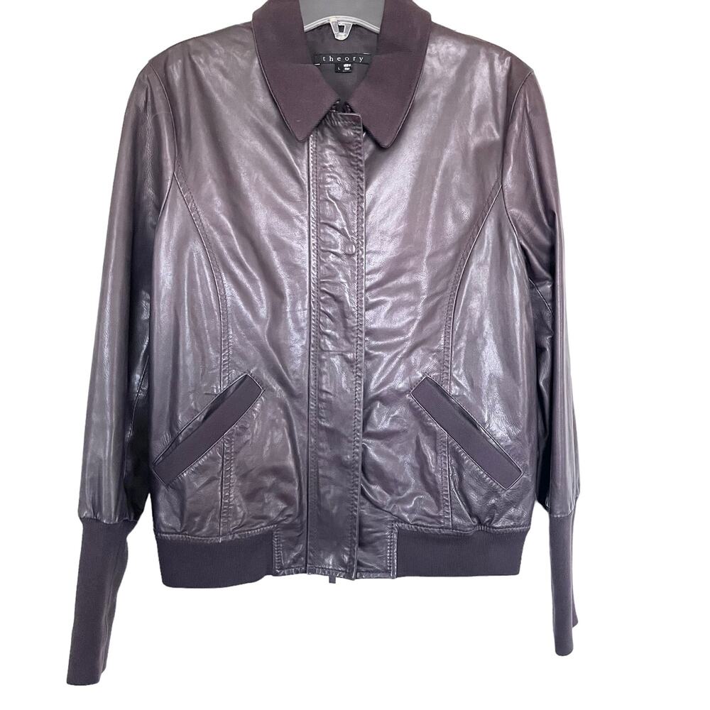 Theory Leather Full Zip Seam Sealed Bomber Jacket Brown Womens Size Large